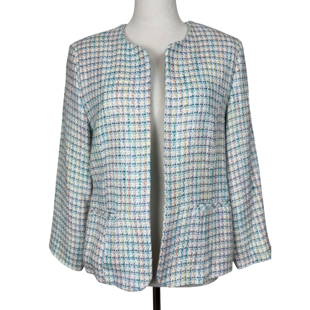 Willow Ridge Women Cotton Blend Blazer 10P White Multi Color Tweed Open Front